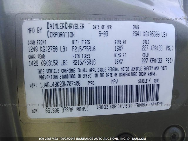 1J4GL48K23W707406 - 2003 JEEP LIBERTY SPORT/FREEDOM ოქროსფერი ფოტო 9