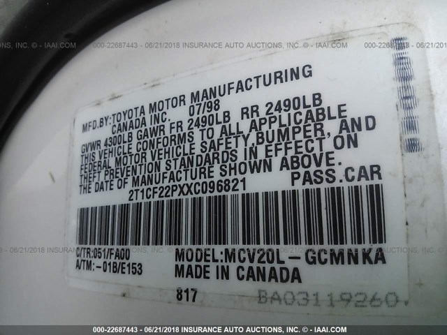 2T1CF22PXXC096821 - 1999 TOYOTA CAMRY SOLARA SE/SLE თეთრი ფოტო 9