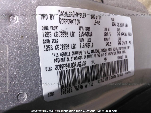 2C8GP64L93R162137 - 2003 CHRYSLER TOWN & COUNTRY LIMITED SILVER photo 9