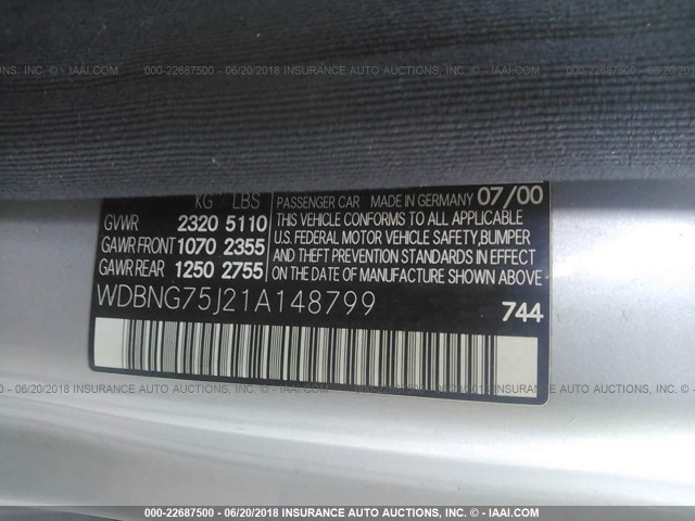 WDBNG75J21A148799 - 2001 MERCEDES-BENZ S 500 SILVER photo 9
