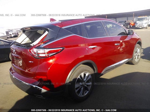 5N1AZ2MH8GN170542 - 2016 NISSAN MURANO S/SL/SV/PLATINUM RED photo 4