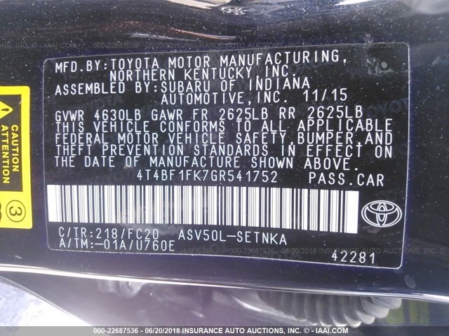 4T4BF1FK7GR541752 - 2016 TOYOTA CAMRY LE/XLE/SE/XSE BLACK photo 9