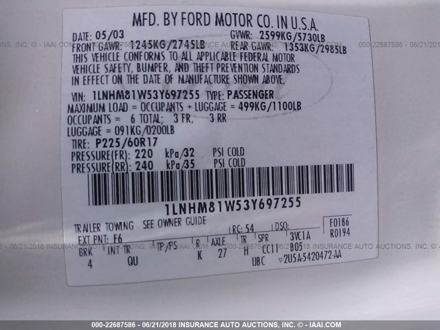 1LNHM81W53Y697255 - 2003 LINCOLN TOWN CAR EXECUTIVE Кремовый фото 9