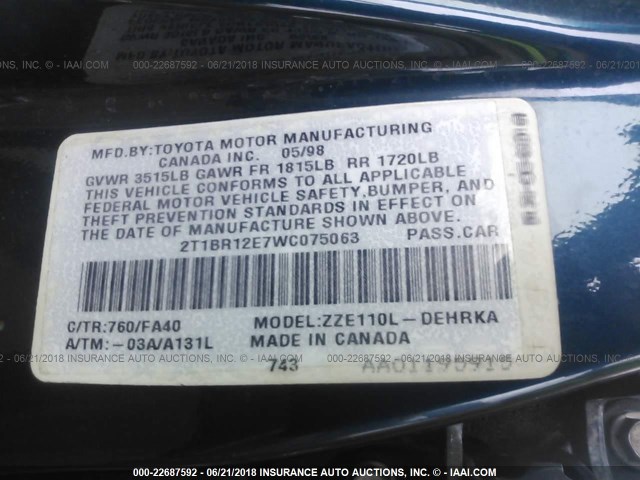 2T1BR12E7WC075063 - 1998 TOYOTA COROLLA VE/CE/LE 绿色 照片 9