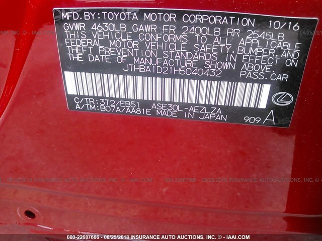 JTHBA1D21H5040432 - 2017 LEXUS IS 200T RED photo 9