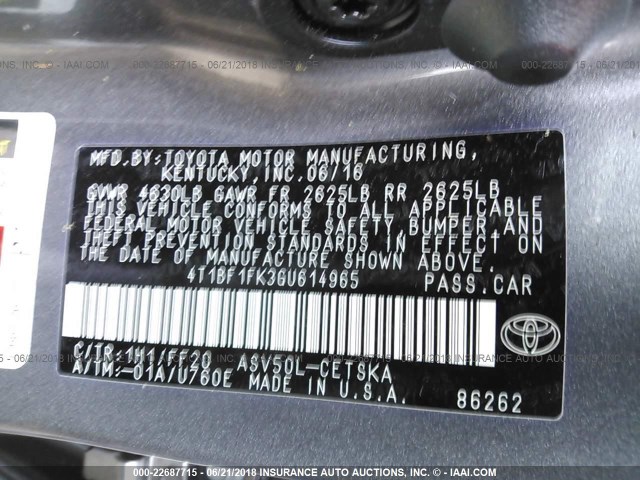 4T1BF1FK3GU614965 - 2016 TOYOTA CAMRY LE/XLE/SE/XSE GRAY photo 9