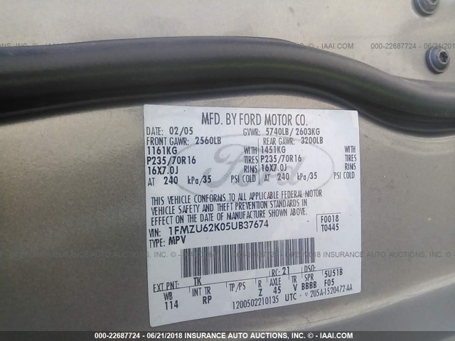 1FMZU62K05UB37674 - 2005 FORD EXPLORER XLS/XLS SPORT GREEN photo 9