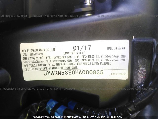 JYARN53E0HA000935 - 2017 YAMAHA FZ09 SILVER photo 10