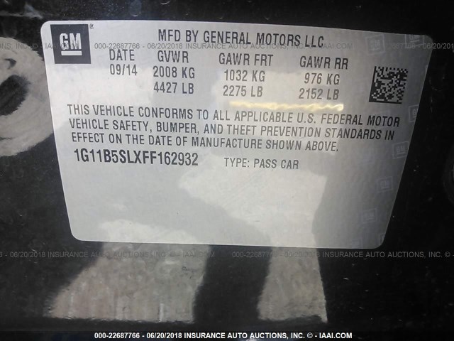 1G11B5SLXFF162932 - 2015 CHEVROLET MALIBU LS BLACK photo 9