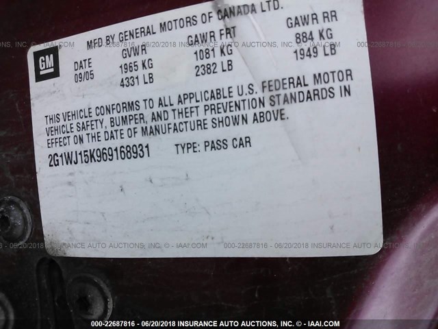 2G1WJ15K969168931 - 2006 CHEVROLET MONTE CARLO LS 勃艮第红 照片 9