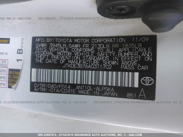 JTKDE3B76A0311702 - 2010 TOYOTA SCION TC 白色 照片 9