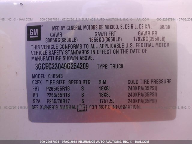 3GCEC23049G254209 - 2009 CHEVROLET SILVERADO C1500 LT WHITE photo 9