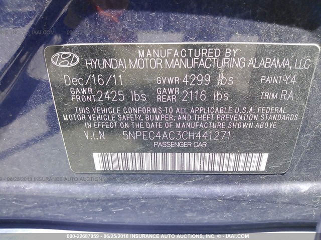 5NPEC4AC3CH441271 - 2012 HYUNDAI SONATA SE/LIMITED BLUE photo 9