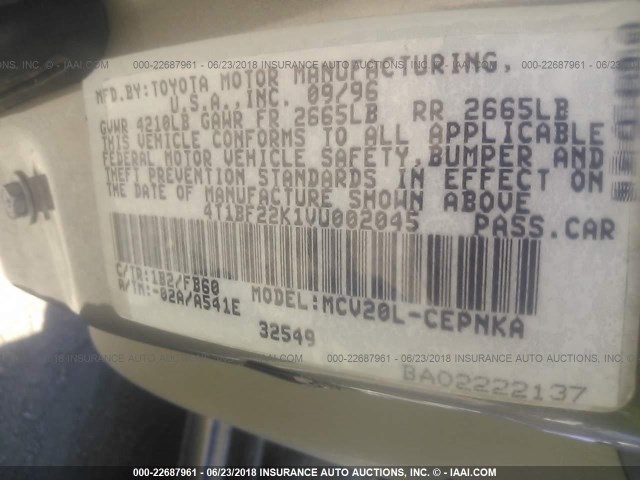 4T1BF22K1VU002045 - 1997 TOYOTA CAMRY CE/LE/XLE 棕色 照片 9