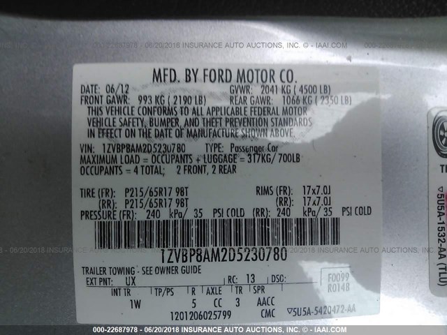 1ZVBP8AM2D5230780 - 2013 FORD MUSTANG SILVER photo 9