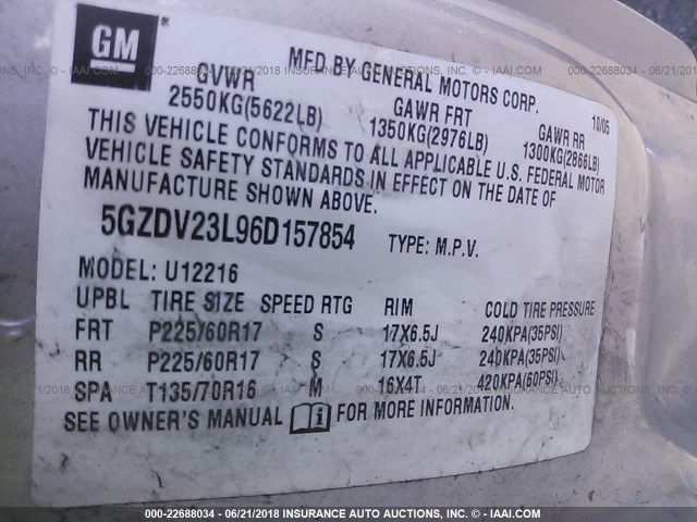 5GZDV23L96D157854 - 2006 SATURN RELAY 3 SILVER photo 9