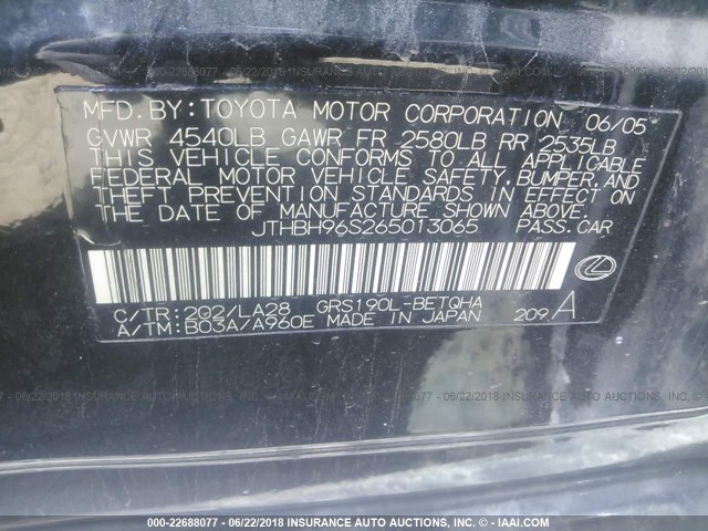 JTHBH96S265013065 - 2006 LEXUS GS GENERATION 200 300 BLACK photo 9