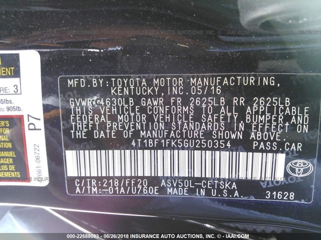 4T1BF1FK5GU250354 - 2016 TOYOTA CAMRY LE/XLE/SE/XSE BLACK photo 9