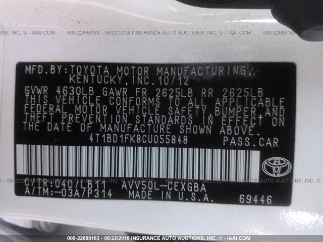 4T1BD1FK8CU055848 - 2012 TOYOTA CAMRY HYBRID/LE/XLE 白色 照片 9