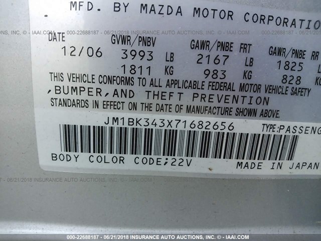 JM1BK343X71682656 - 2007 MAZDA 3 HATCHBACK SILVER photo 9