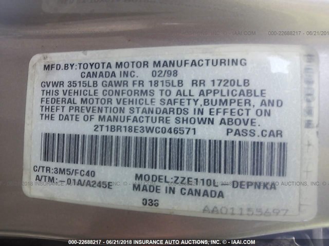 2T1BR18E3WC046571 - 1998 TOYOTA COROLLA VE/CE/LE 棕色 照片 9