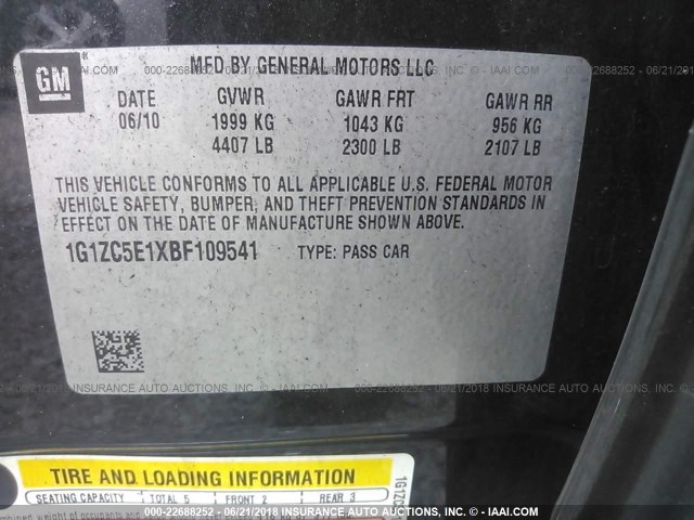 1G1ZC5E1XBF109541 - 2011 CHEVROLET MALIBU 1LT 黑色 照片 9