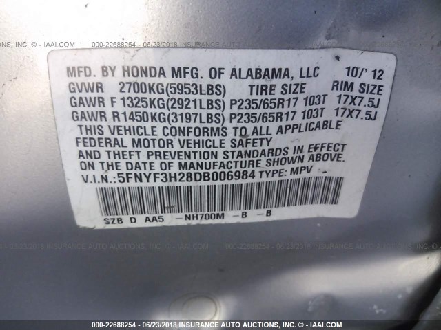 5FNYF3H28DB006984 - 2013 HONDA PILOT LX SILVER photo 9