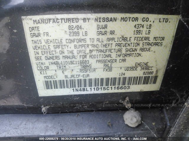 1N4BL11D15C116603 - 2005 NISSAN ALTIMA SE/SL/SE-R GRAY photo 9