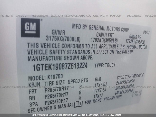 1GTEK19087Z613224 - 2007 GMC NEW SIERRA K1500 Pewter photo 9