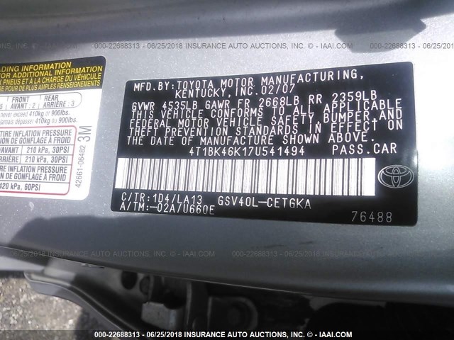 4T1BK46K17U541494 - 2007 TOYOTA CAMRY NEW GENERAT LE/XLE/SE SILVER photo 9
