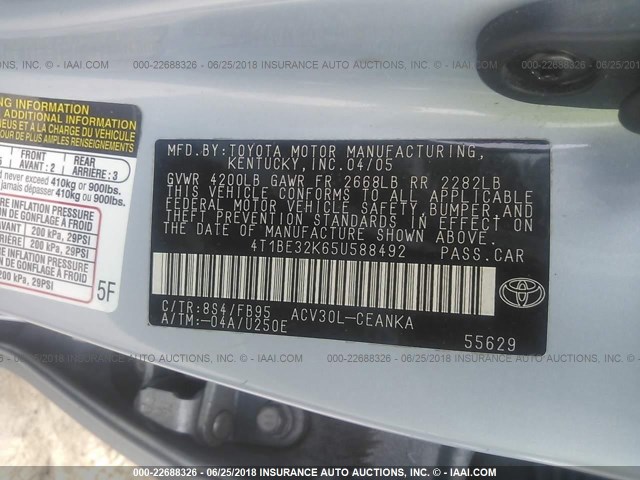 4T1BE32K65U588492 - 2005 TOYOTA CAMRY LE/XLE/SE ლურჯი ფოტო 9