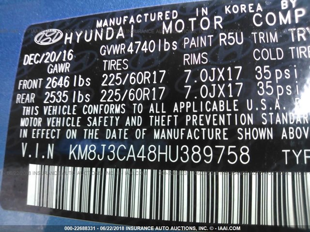KM8J3CA48HU389758 - 2017 HYUNDAI TUCSON LIMITED/SPORT AND ECO/SE BLUE photo 9