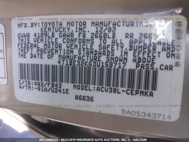 4T1BE32K63U158717 - 2003 TOYOTA CAMRY LE/XLE/SE ოქროსფერი ფოტო 9