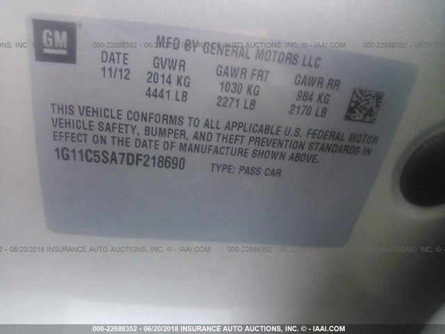 1G11C5SA7DF218690 - 2013 CHEVROLET MALIBU 1LT 米色 照片 9