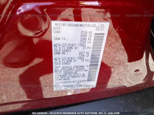 5N1AT2MT2HC812689 - 2017 NISSAN ROGUE S/SL RED photo 9