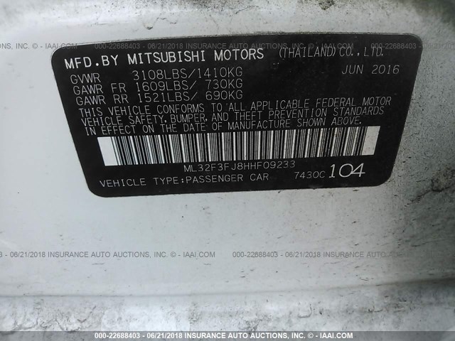 ML32F3FJ8HHF09233 - 2017 MITSUBISHI MIRAGE G4 ES თეთრი ფოტო 9