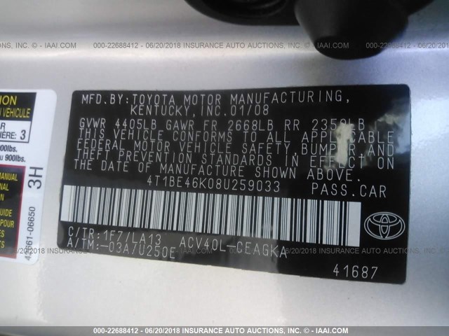 4T1BE46K08U259033 - 2008 TOYOTA CAMRY CE/LE/XLE/SE SILVER photo 9