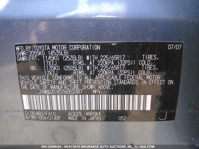 JTMBD31V076052387 - 2007 TOYOTA RAV4 LIMITED BLUE photo 9