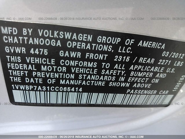 1VWBP7A31CC065414 - 2012 VOLKSWAGEN PASSAT SE SILVER photo 9