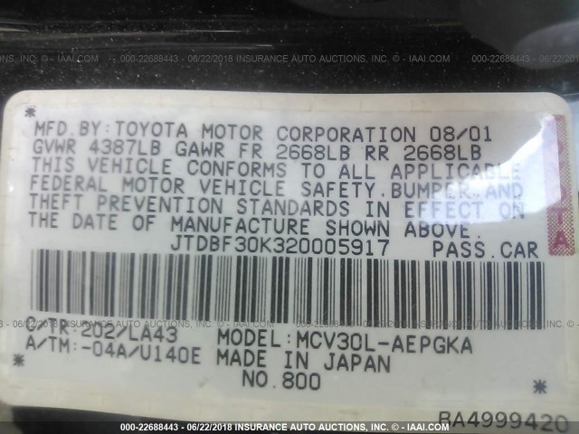 JTDBF30K320005917 - 2002 TOYOTA CAMRY LE/XLE/SE Qara foto 9