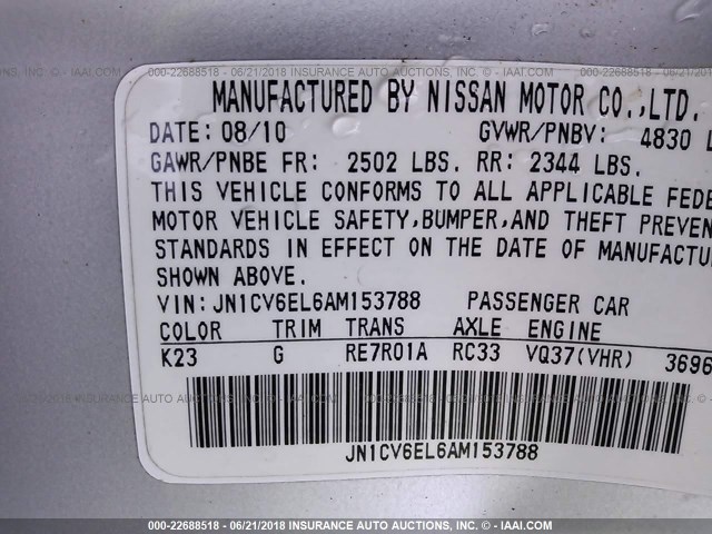 JN1CV6EL6AM153788 - 2010 INFINITI G37 银色 照片 9