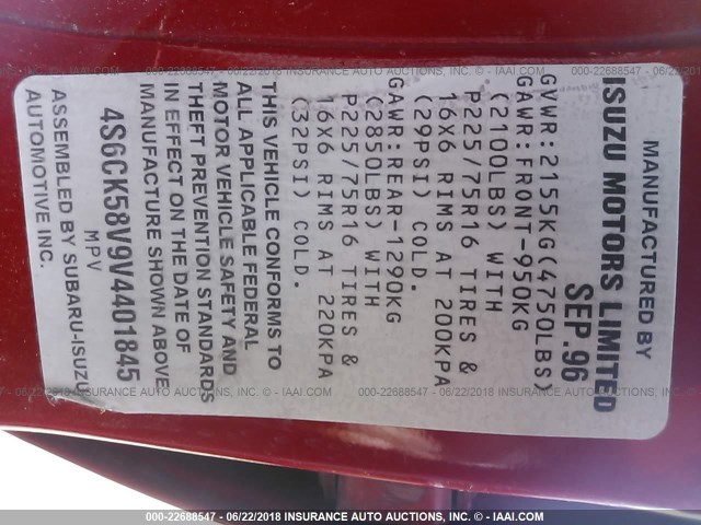 4S6CK58V9V4401845 - 1997 HONDA PASSPORT EX/LX RED photo 9