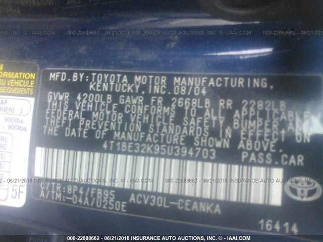 4T1BE32K95U394703 - 2005 TOYOTA CAMRY LE/XLE/SE 深蓝色 照片 9