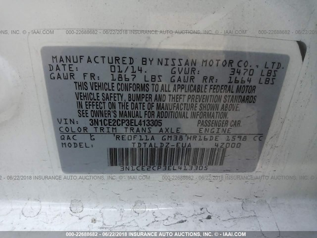 3N1CE2CP3EL413305 - 2014 NISSAN VERSA NOTE S/S PLUS/SV/SL WHITE photo 9