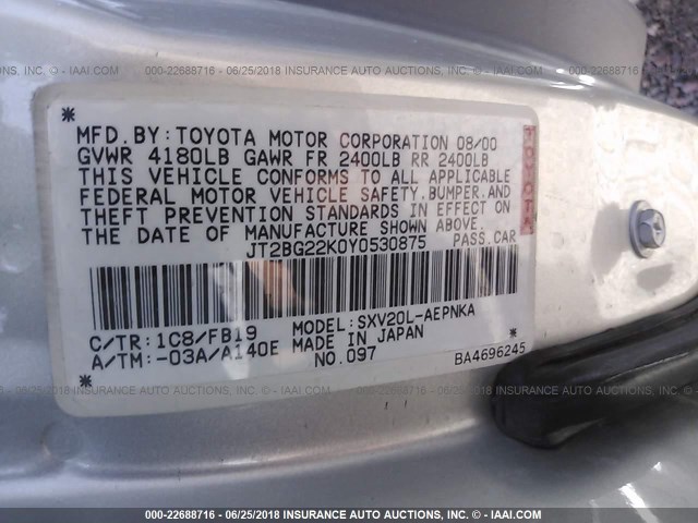 JT2BG22K0Y0530875 - 2000 TOYOTA CAMRY CE/LE/XLE SILVER photo 9