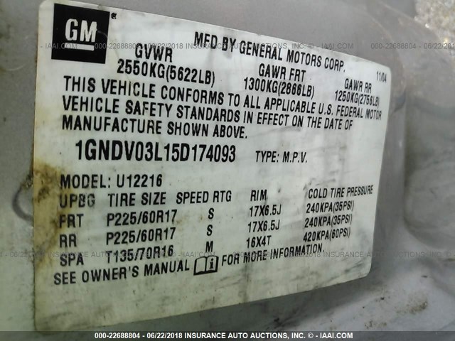 1GNDV03L15D174093 - 2005 CHEVROLET UPLANDER SILVER photo 9