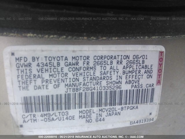 JT8BF28G410335296 - 2001 LEXUS ES 300 GOLD photo 9