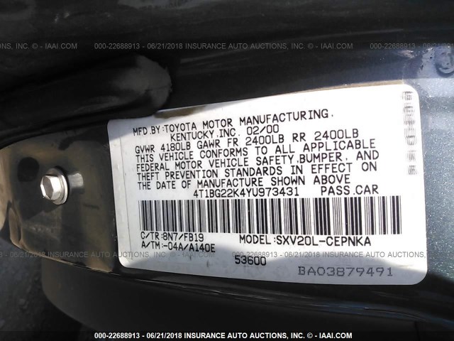 4T1BG22K4YU973431 - 2000 TOYOTA CAMRY CE/LE/XLE BLUE photo 9