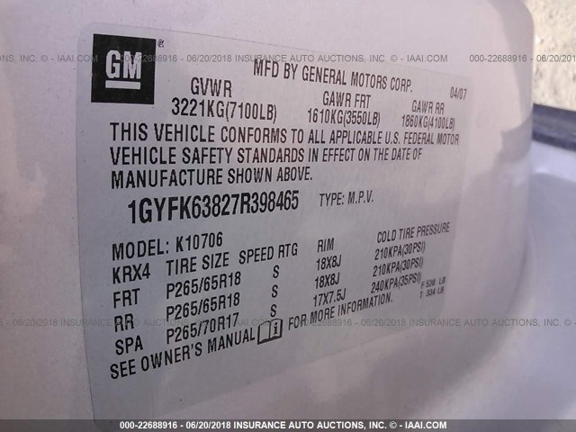 1GYFK63827R398465 - 2007 CADILLAC ESCALADE LUXURY GOLD photo 9