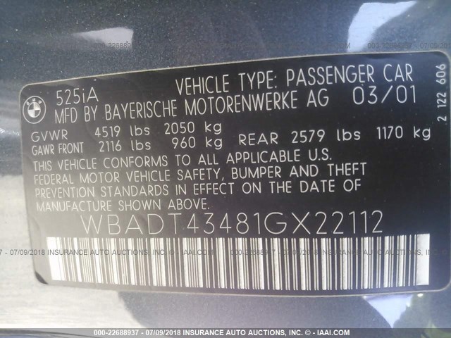 WBADT43481GX22112 - 2001 BMW 525 I AUTOMATIC GRAY photo 9